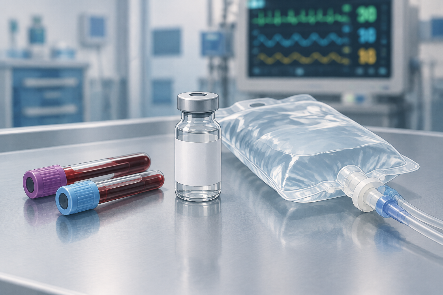 Unlabeled blood tubes and an unmarked medication vial on an emergency department work surface, illustrating diagnostic sampling alongside urgent treatment.