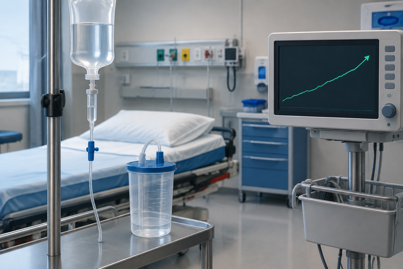 Editorial illustration of a paused IV infusion beside a urine collection container and monitor with an abstract rising trend line, representing sodium overcorrection monitoring.