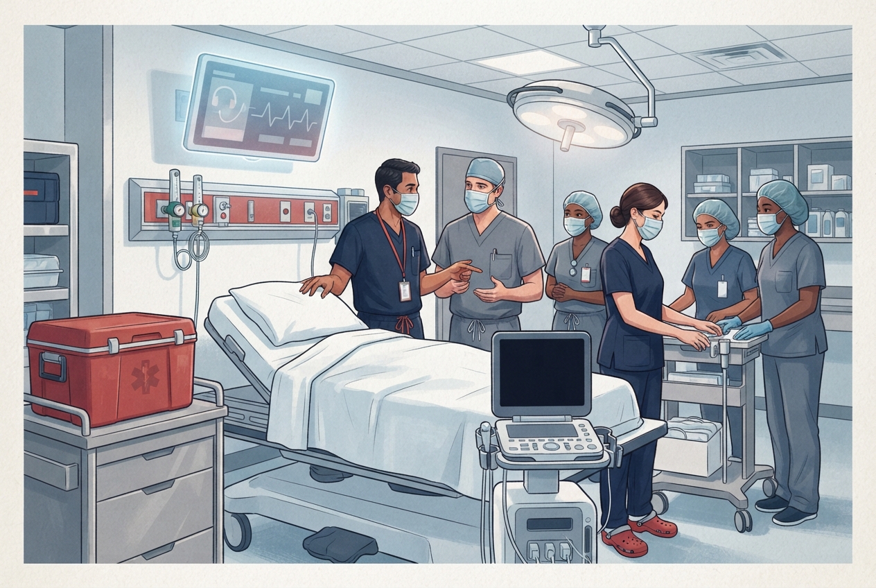 Editorial illustration of an emergency obstetric team coordinating resuscitation for severe shock, with monitoring and blood-product equipment in the foreground.
