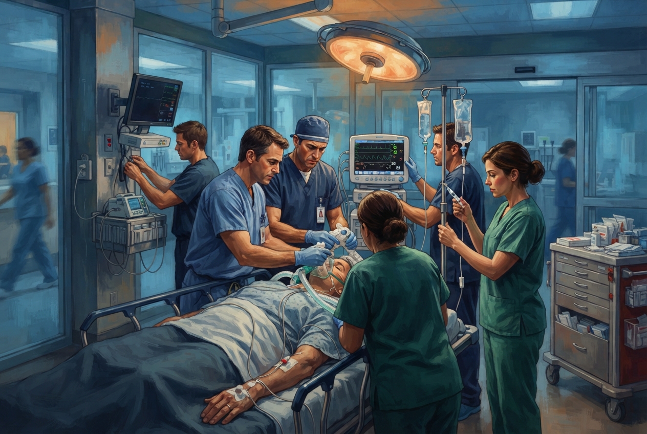 Editorial illustration of an emergency department team preparing an airway and treating severe anaphylaxis in a resuscitation bay.