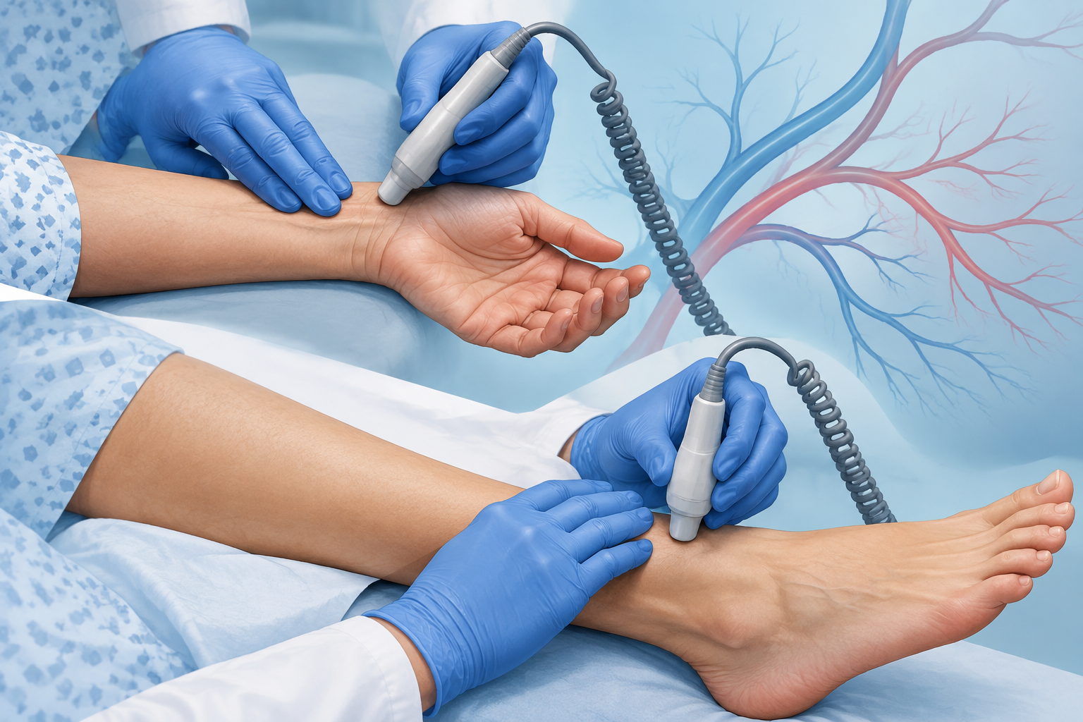 Editorial illustration of a clinician comparing wrist and ankle pulses with a handheld Doppler, with an abstract branching-vessel motif in the background.