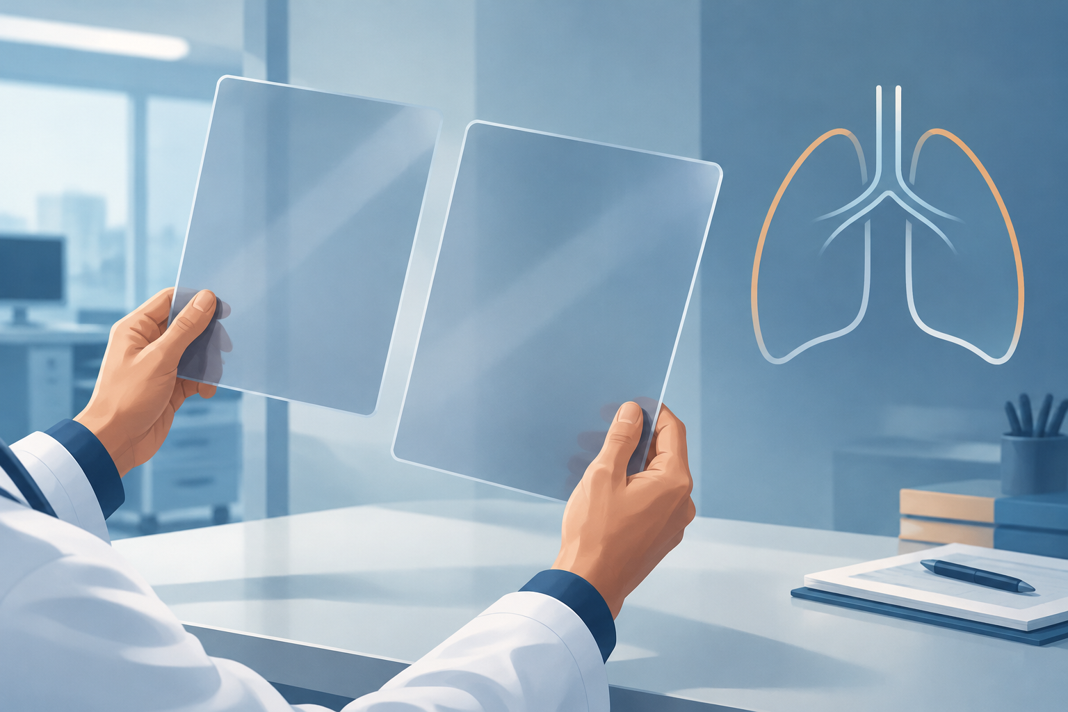 Editorial illustration of blank imaging panels beside an abstract lung motif, representing careful interpretation of chest imaging in suspected ARDS.