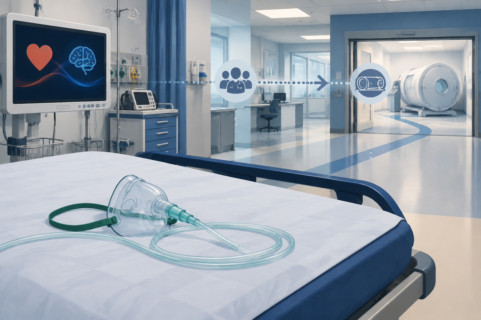 An empty emergency department bay with an oxygen mask beside a monitor and a visual pathway suggesting consultation about hyperbaric treatment.
