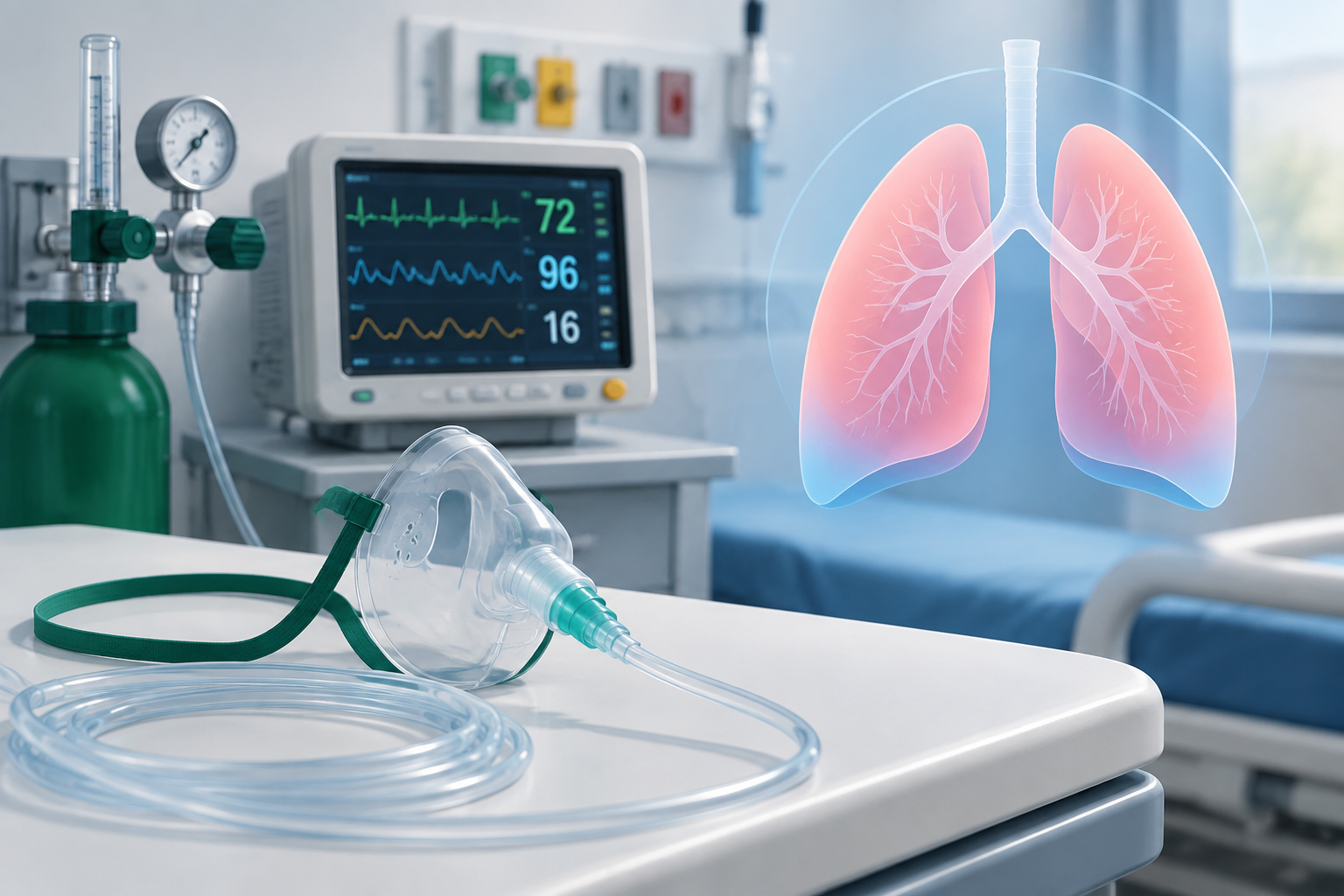 Editorial illustration of controlled oxygen equipment beside stylized lungs, representing oxygen titration in a COPD exacerbation.