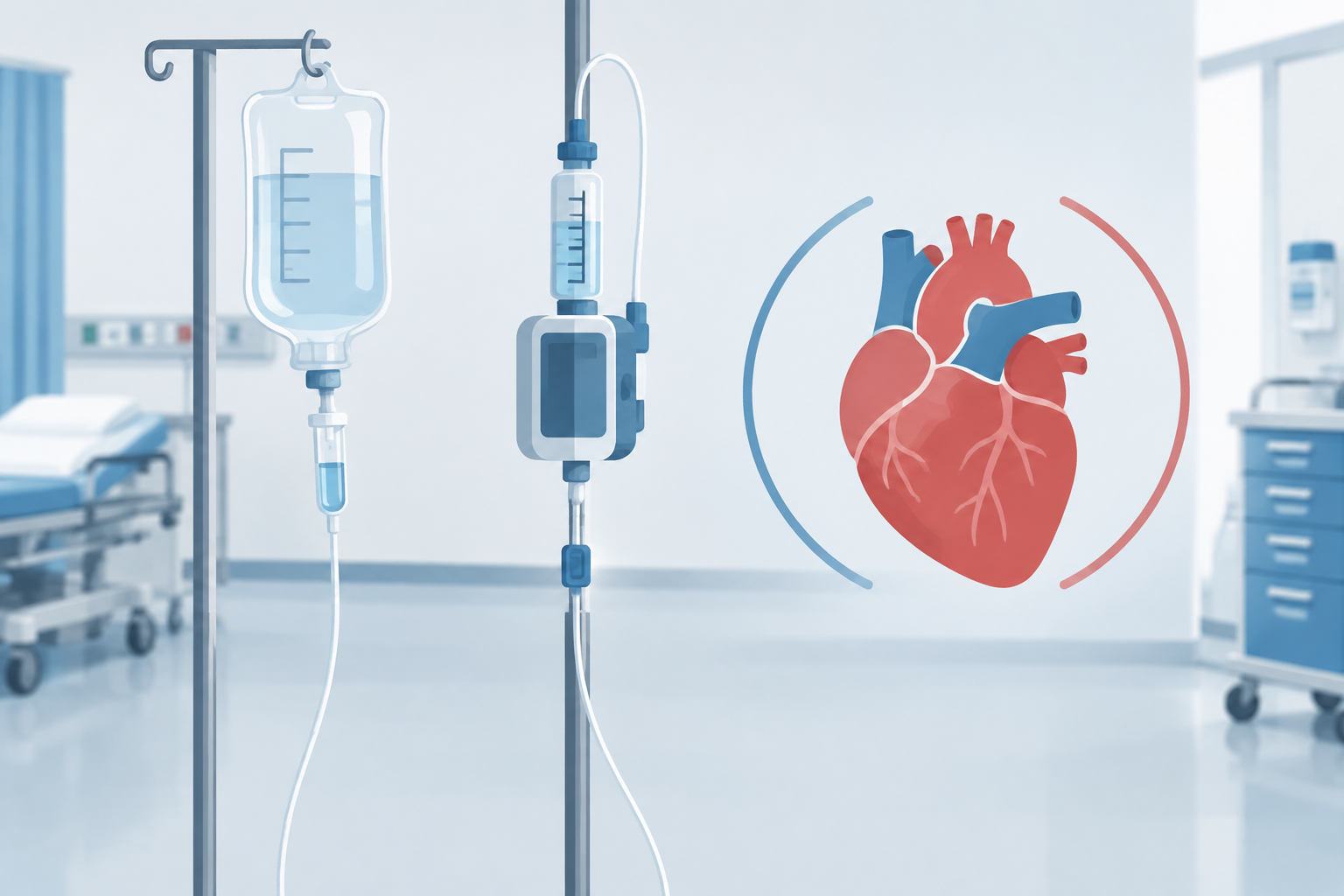 Editorial illustration showing symbolic fluid and insulin equipment beside a heart motif, representing parallel DKA treatment and cardiac evaluation.