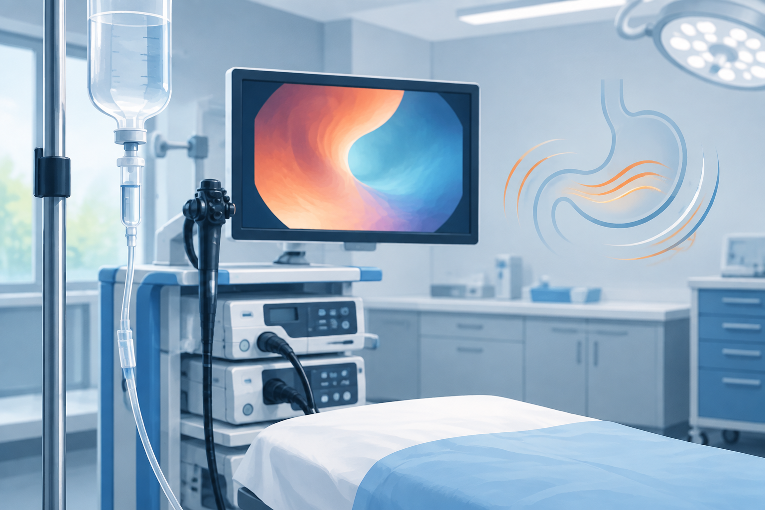 Editorial illustration of an endoscopy suite with an IV infusion and monitor showing abstract shapes, representing improved visualization before endoscopy.