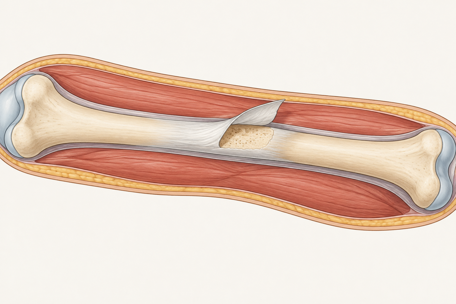 Editorial schematic of a long bone and surrounding soft tissue, highlighting a focal area of periosteal stripping to illustrate why tissue coverage helps distinguish Gustilo III open-fracture subtypes.