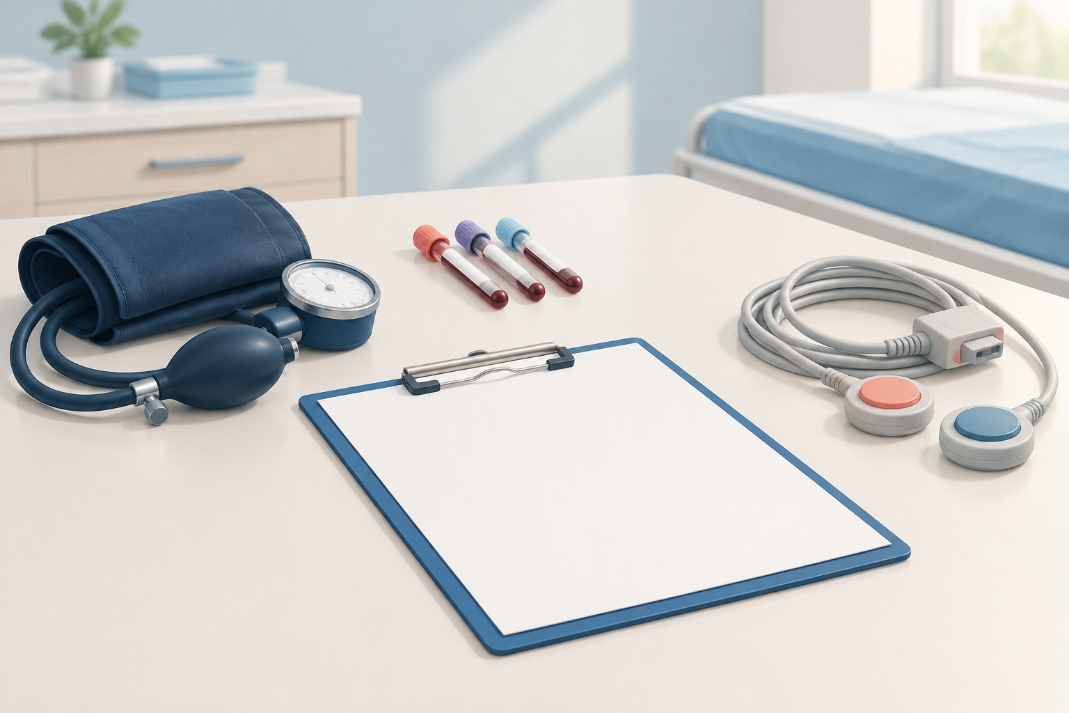 A blood pressure cuff, sealed laboratory tubes, blank clipboard, and fetal monitor cable arranged in a clean clinical still life.