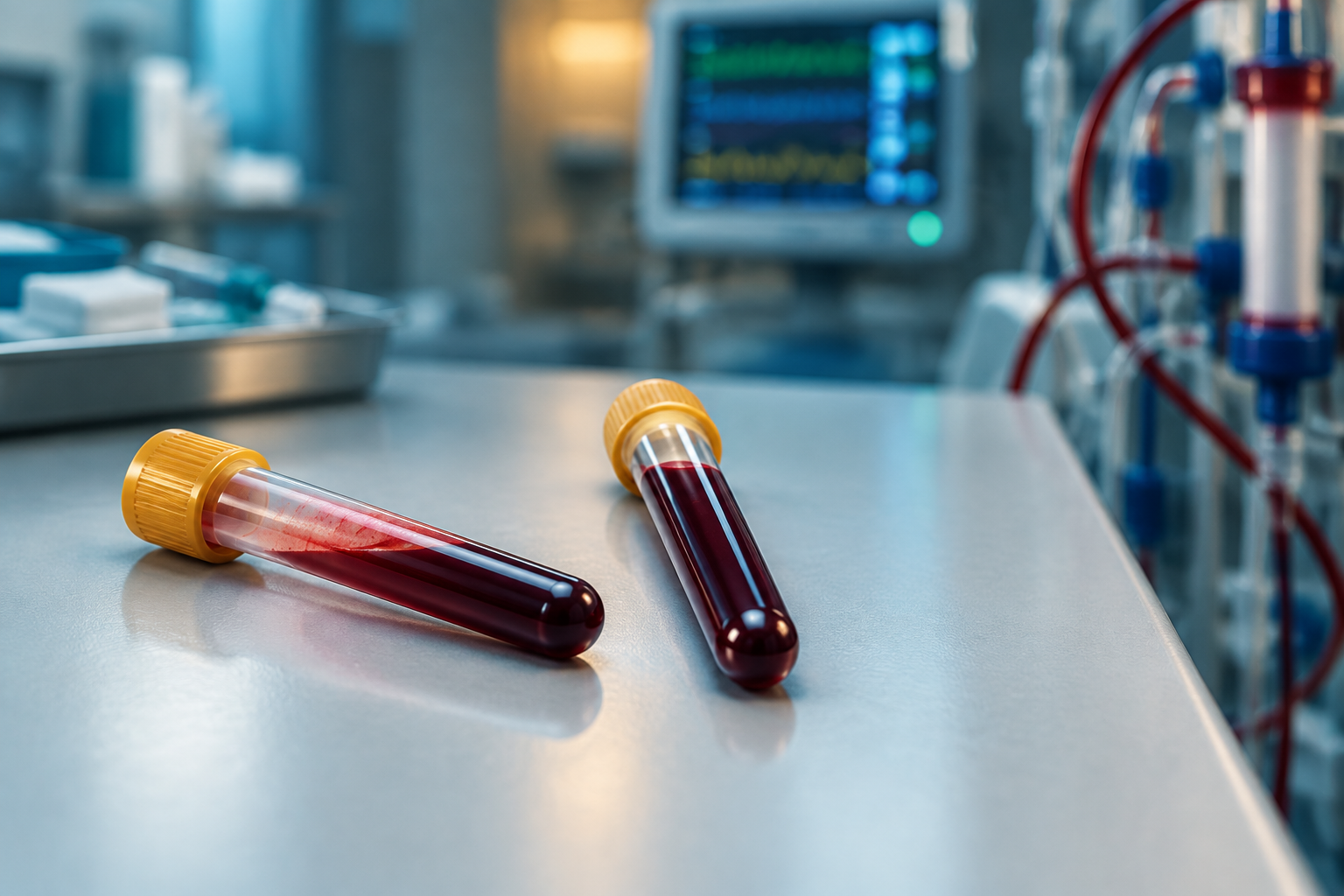 Two blood collection tubes on an emergency department work surface, one suggesting hemolysis, with a blurred monitor and dialysis tubing in the background.