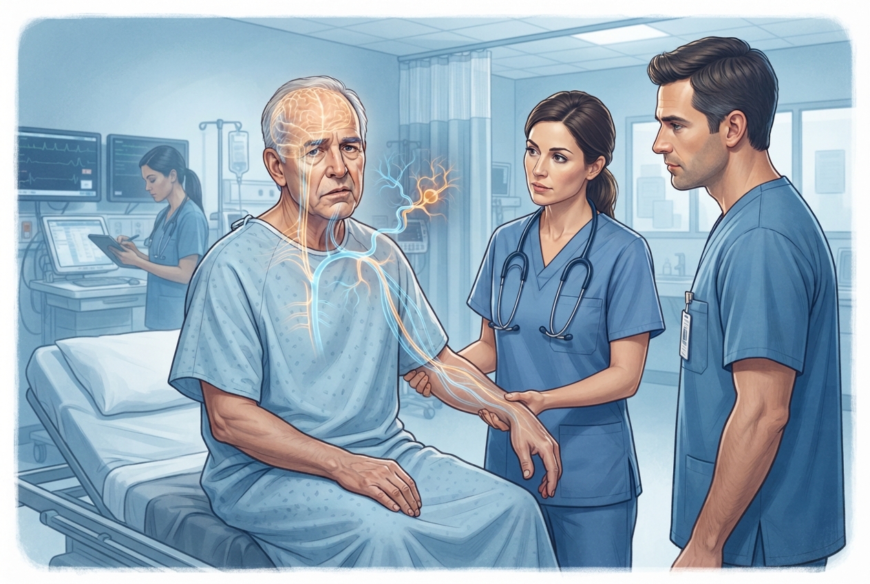 Editorial illustration of emergency clinicians evaluating unilateral weakness while cerebral motor pathways and branching arteries suggest a possible large-vessel stroke.