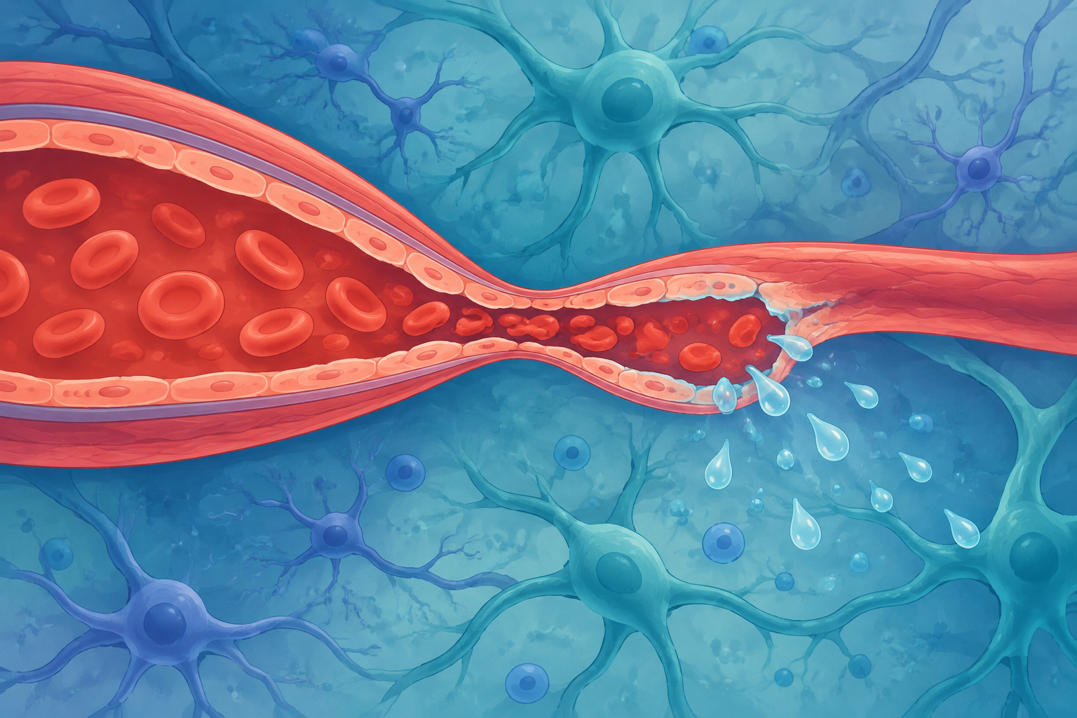 Editorial illustration of a cerebral arteriole under pressure with fluid crossing a disrupted vessel barrier into surrounding brain tissue.