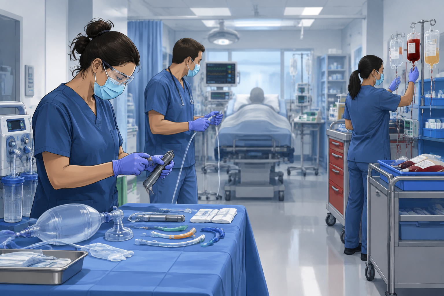 Emergency team prepares suction and airway equipment while resuscitation continues for a patient with severe upper gastrointestinal bleeding.