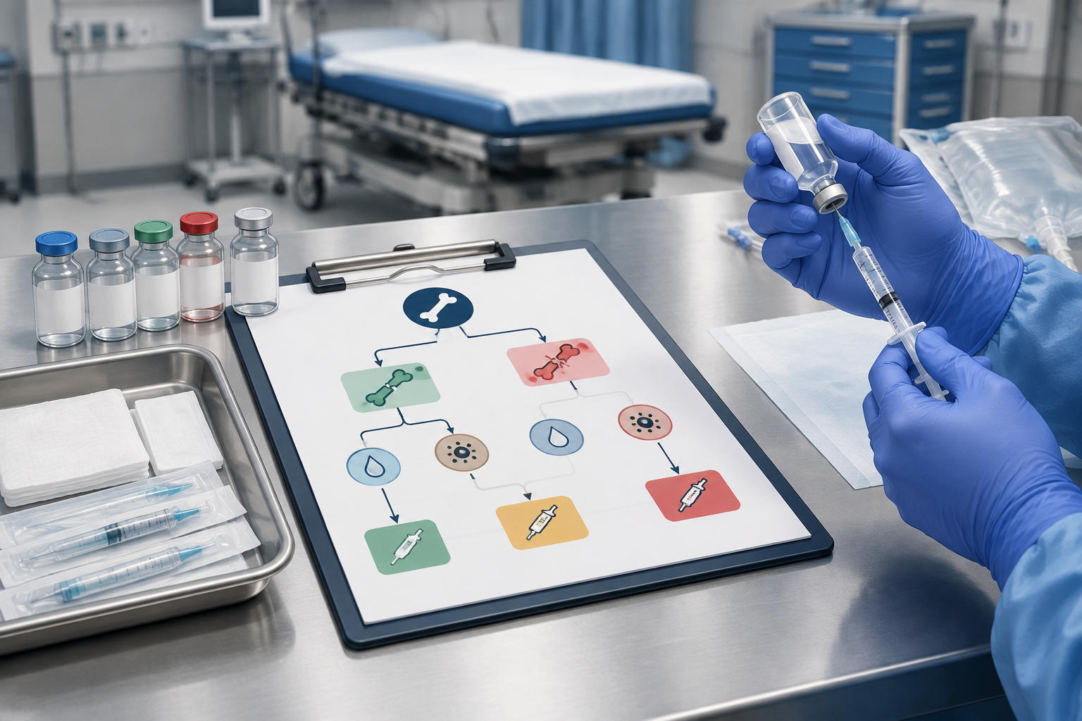 Editorial illustration of an emergency trauma medication setup beside a branching diagram representing open-fracture severity and contamination decisions.