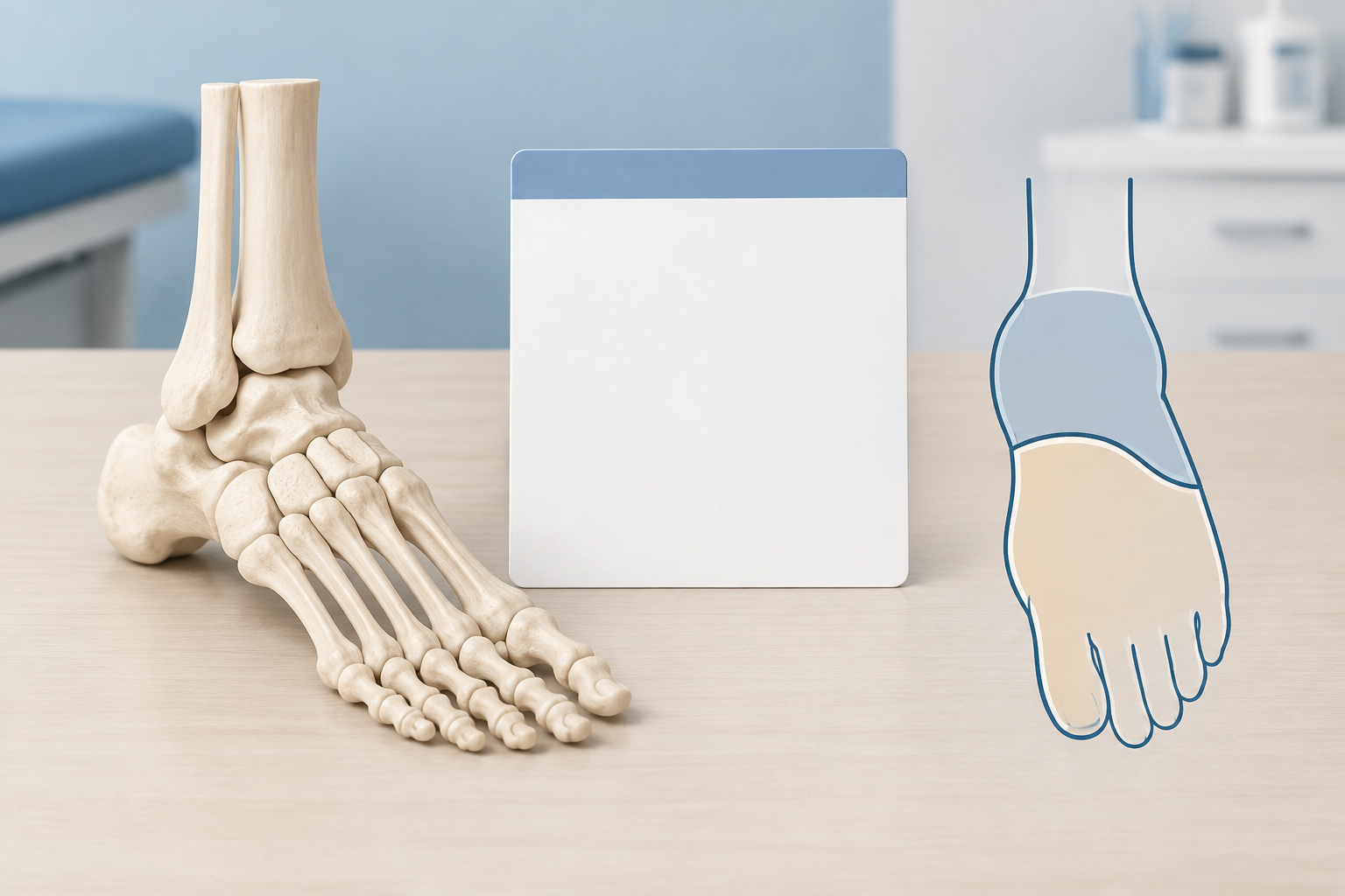 Editorial illustration of a foot model beside a blank decision-rule card, highlighting that Ottawa Ankle Rules apply to defined regions rather than every foot injury.