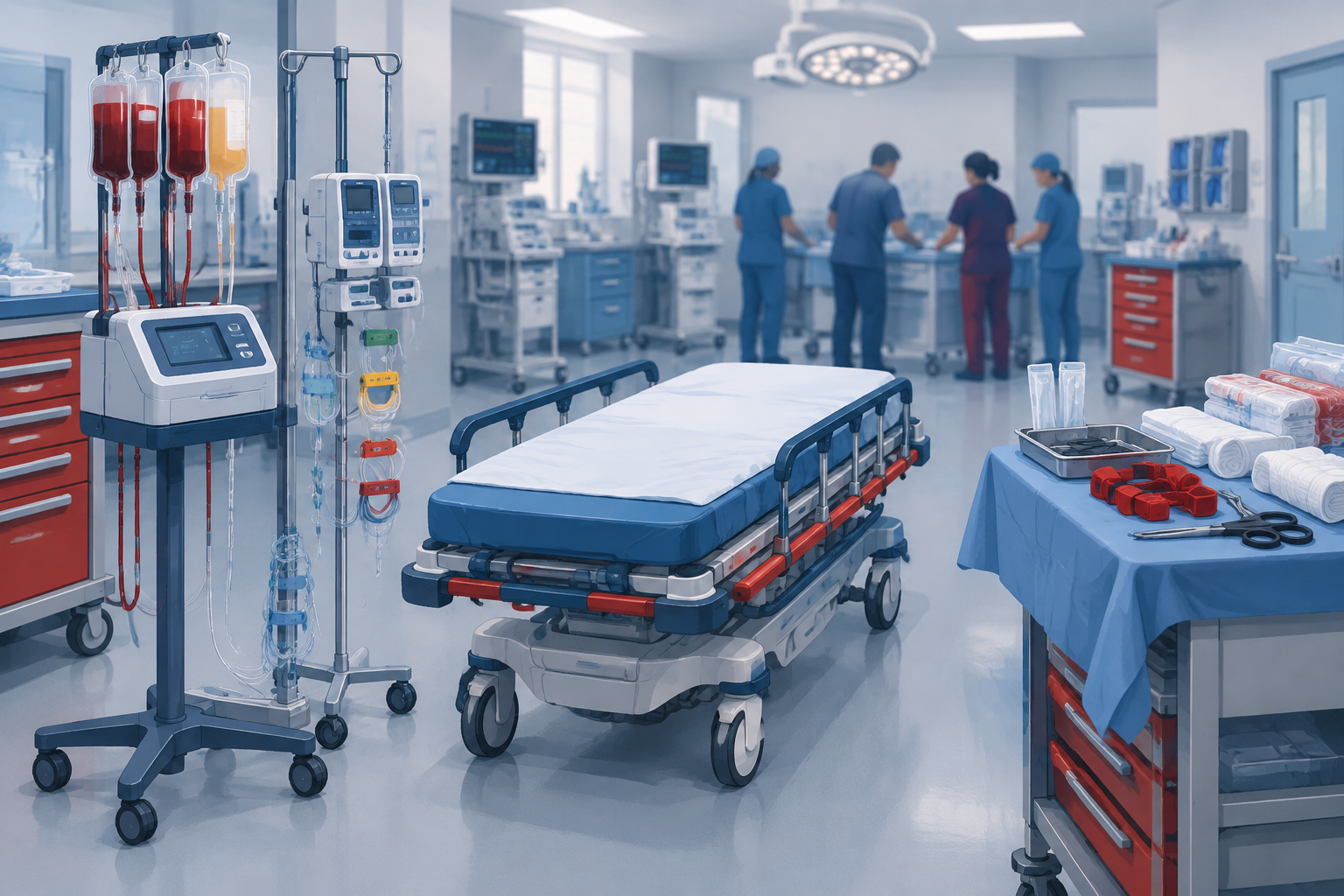 An unoccupied pediatric trauma bay prepared for blood transfusion and hemorrhage control.