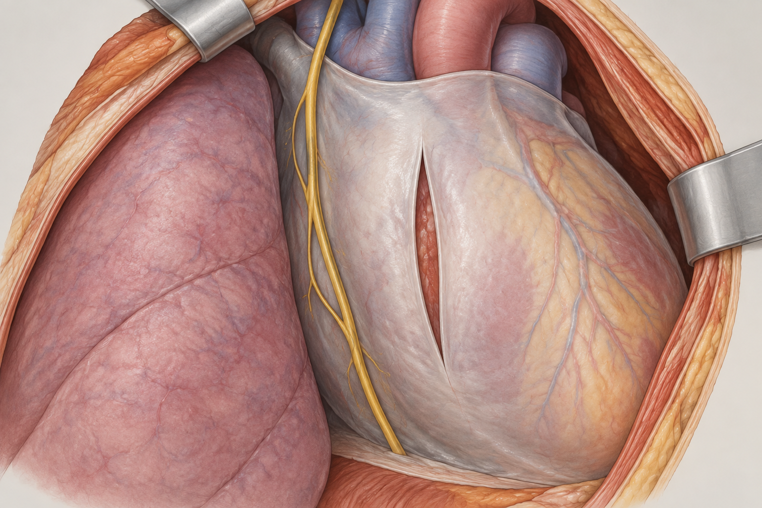 Schematic showing a cranio-caudal pericardial incision anterior to the phrenic nerve along the lateral pericardium.