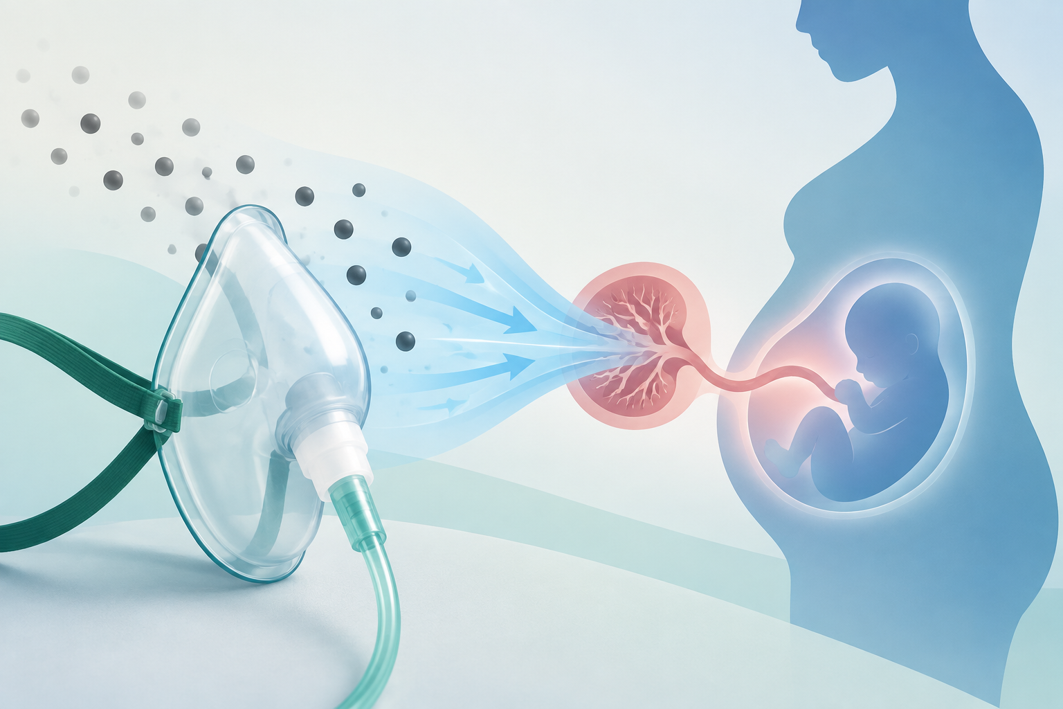 Editorial illustration of an oxygen mask beside an abstract maternal-fetal silhouette, representing carbon monoxide treatment during pregnancy.