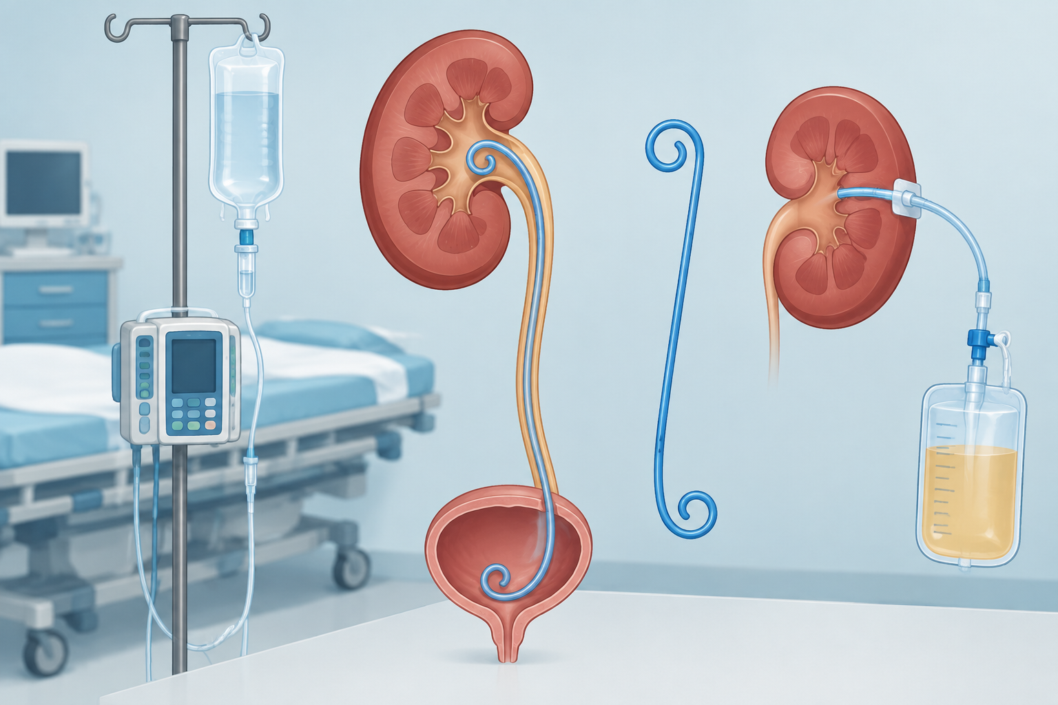 Editorial illustration of a stylized kidney and ureter beside emergency resuscitation equipment and urinary drainage devices, representing urgent decompression for an infected obstructing stone.