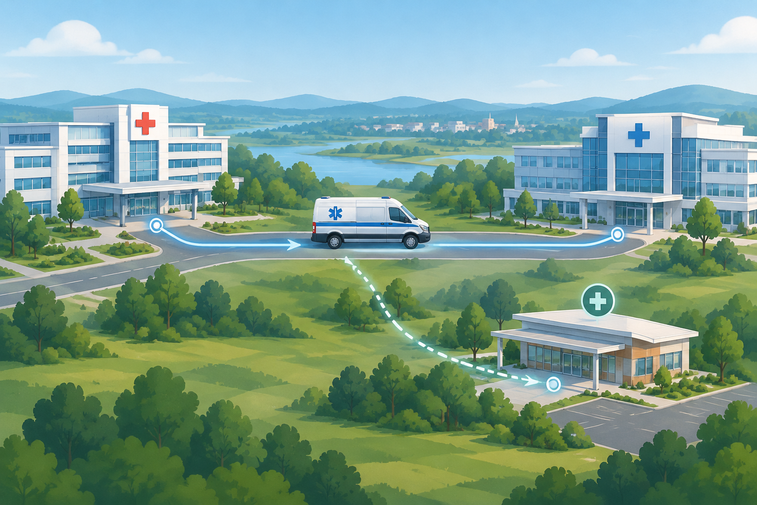 Editorial illustration of a medical transport vehicle between two generic hospitals and a designated alternate-care site, representing regional patient load-balancing.