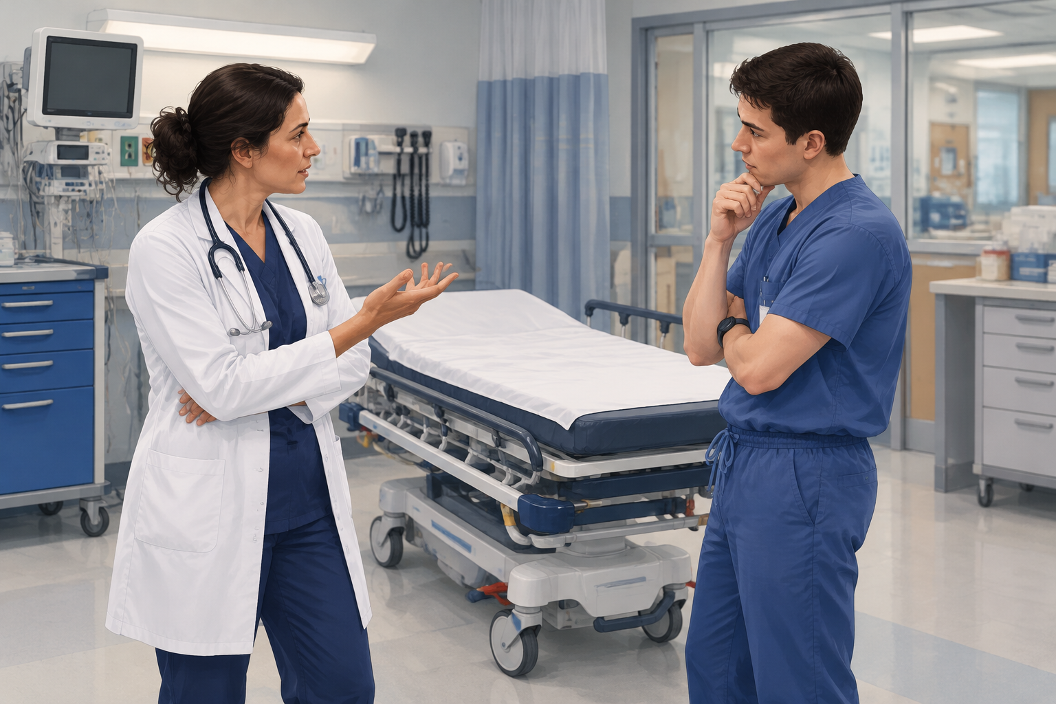 An emergency medicine educator and resident discuss clinical reasoning beside an empty stretcher in a calm emergency department.