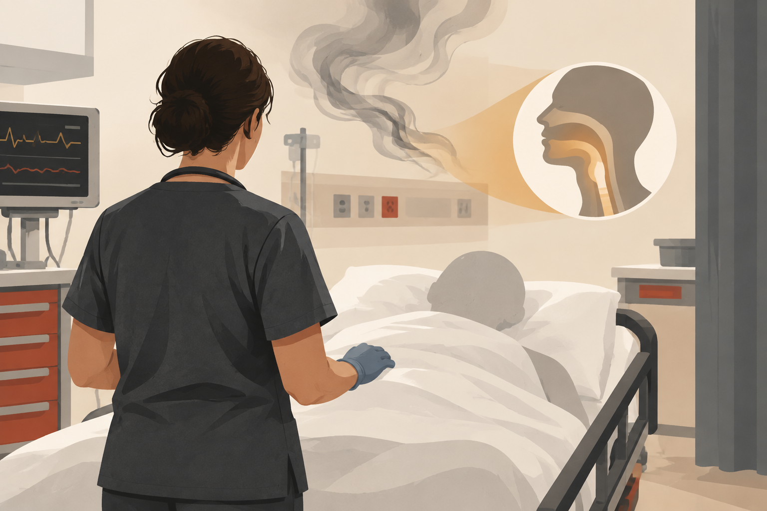 Editorial illustration of an emergency clinician assessing an abstract patient as faint smoke wisps suggest the difference between smoke exposure and airway compromise.