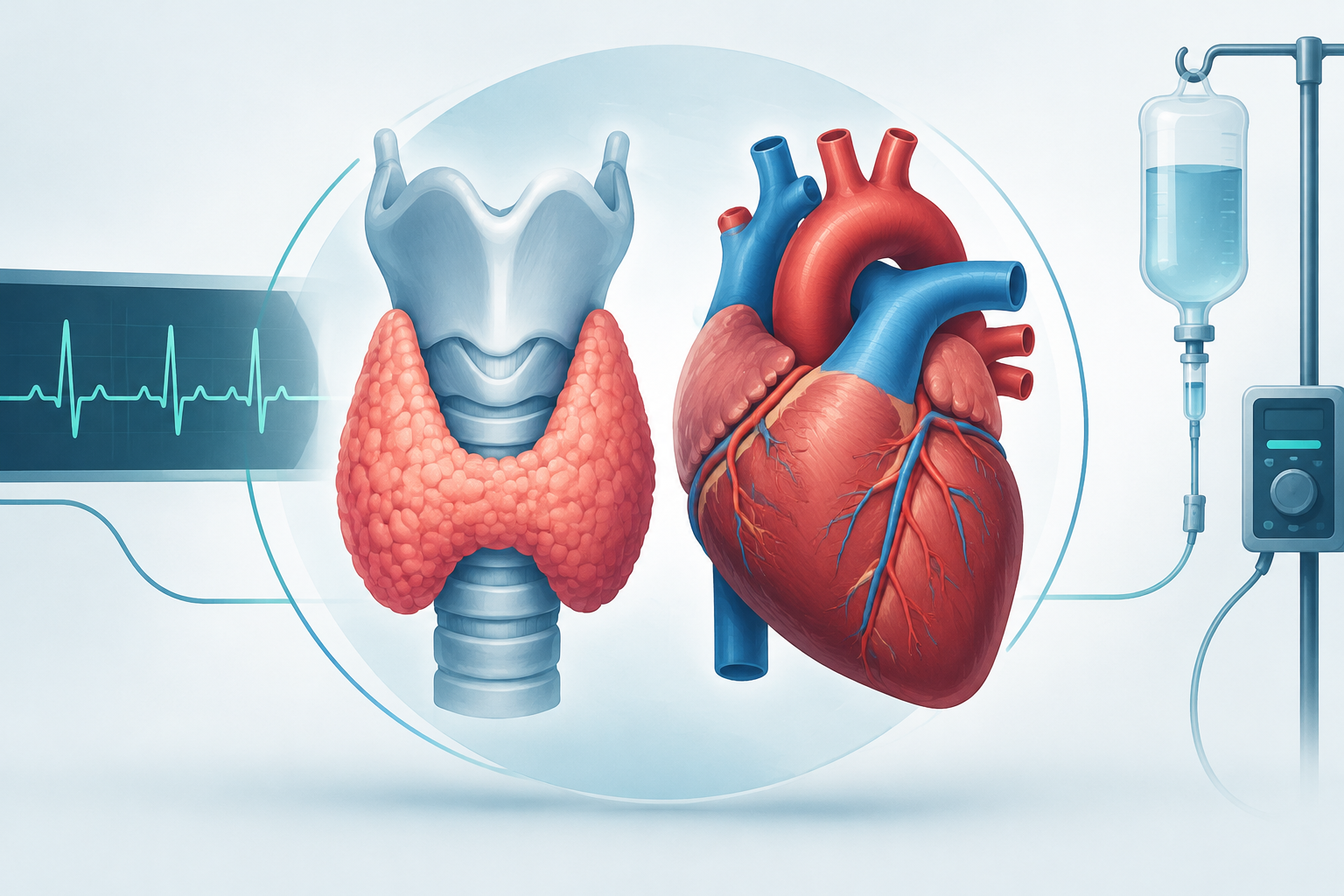 Editorial illustration of a thyroid and heart beside an abstract medication infusion, representing careful beta-blocker decisions in thyroid storm with atrial fibrillation.