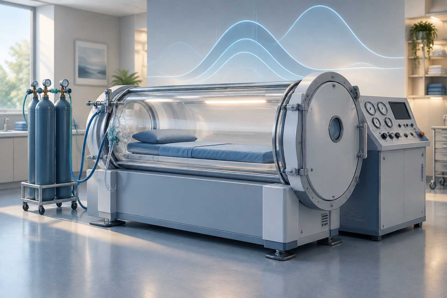 Editorial illustration of a hyperbaric treatment chamber and oxygen equipment in a calm clinical setting.