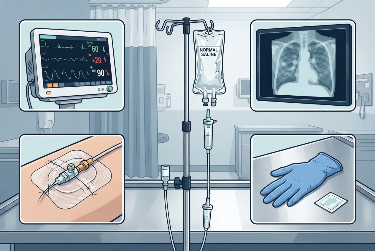Editorial illustration showing four clinical cues for considering vancomycin in febrile neutropenia: shock, pneumonia, catheter infection, and skin infection.
