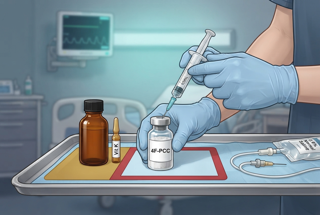 Editorial illustration of an emergency department medication tray with an unbranded PCC vial, syringe, IV tubing, and anticoagulant bottle representing urgent warfarin reversal.