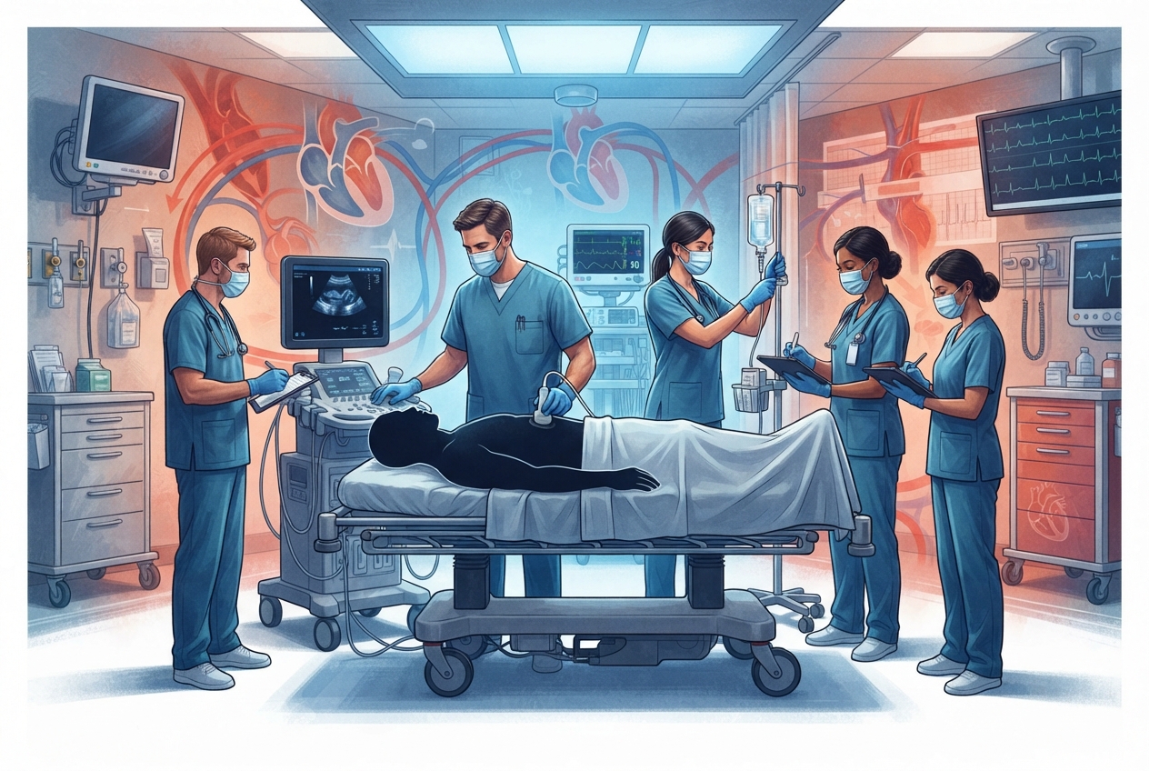 Editorial illustration of an emergency department resuscitation team evaluating a generic patient with bedside ultrasound and monitoring equipment, using contrasting red and blue tones to represent mixed shock physiology.