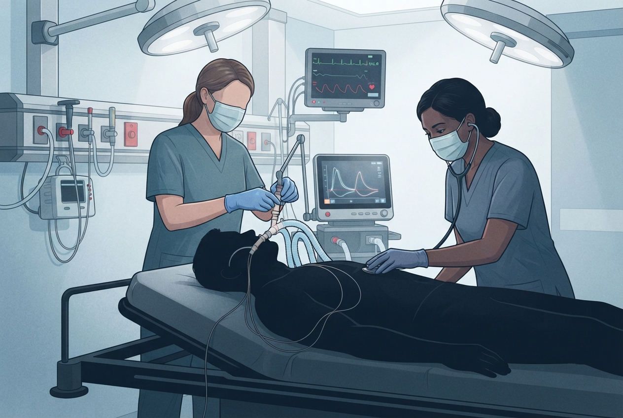 Editorial illustration of a de-identified emergency resuscitation bay where clinicians troubleshoot an intubated patient with severe asthma and dynamic hyperinflation.