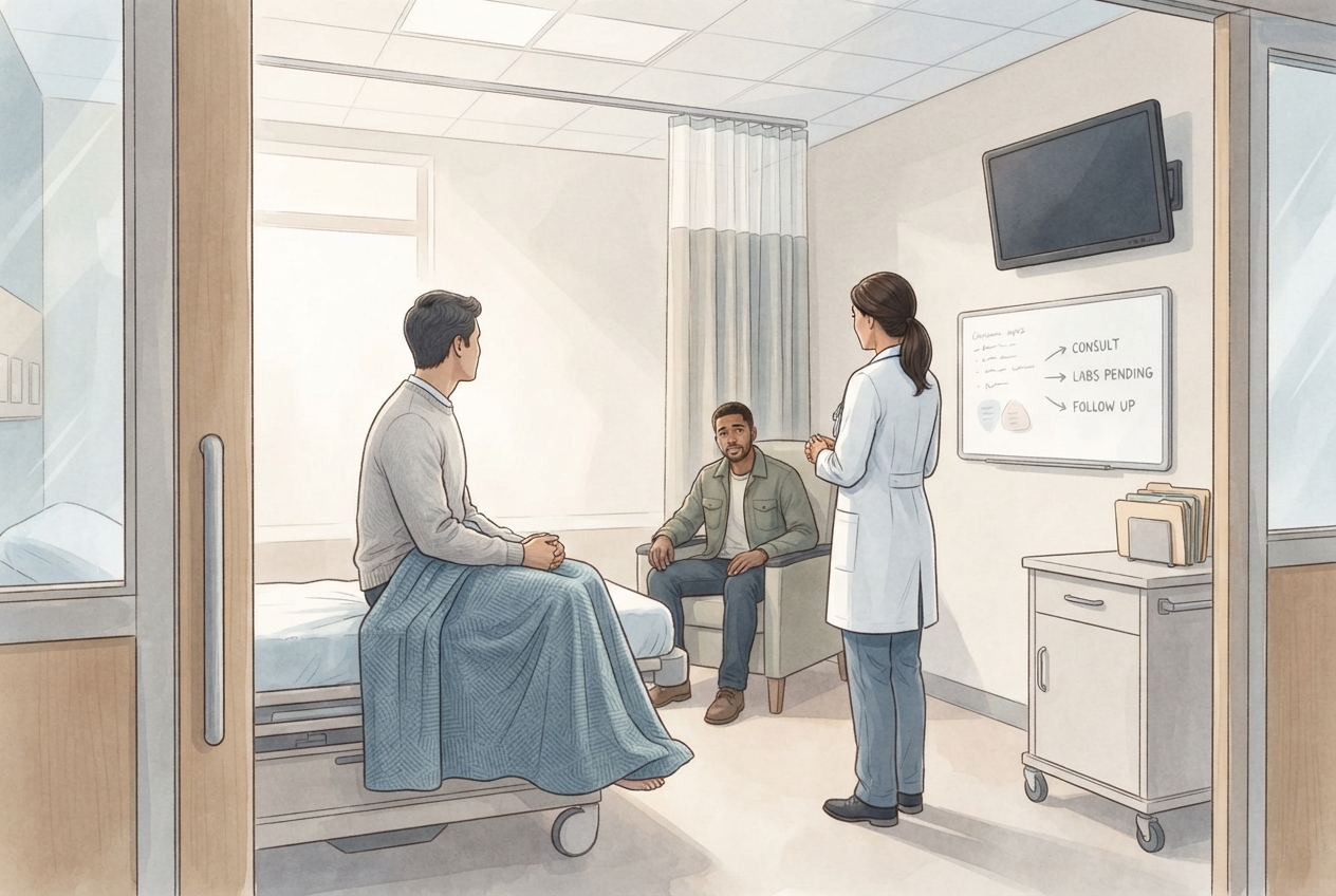 Editorial illustration of an emergency department team pausing a speculum examination while a covered patient retains control and receives supportive care.
